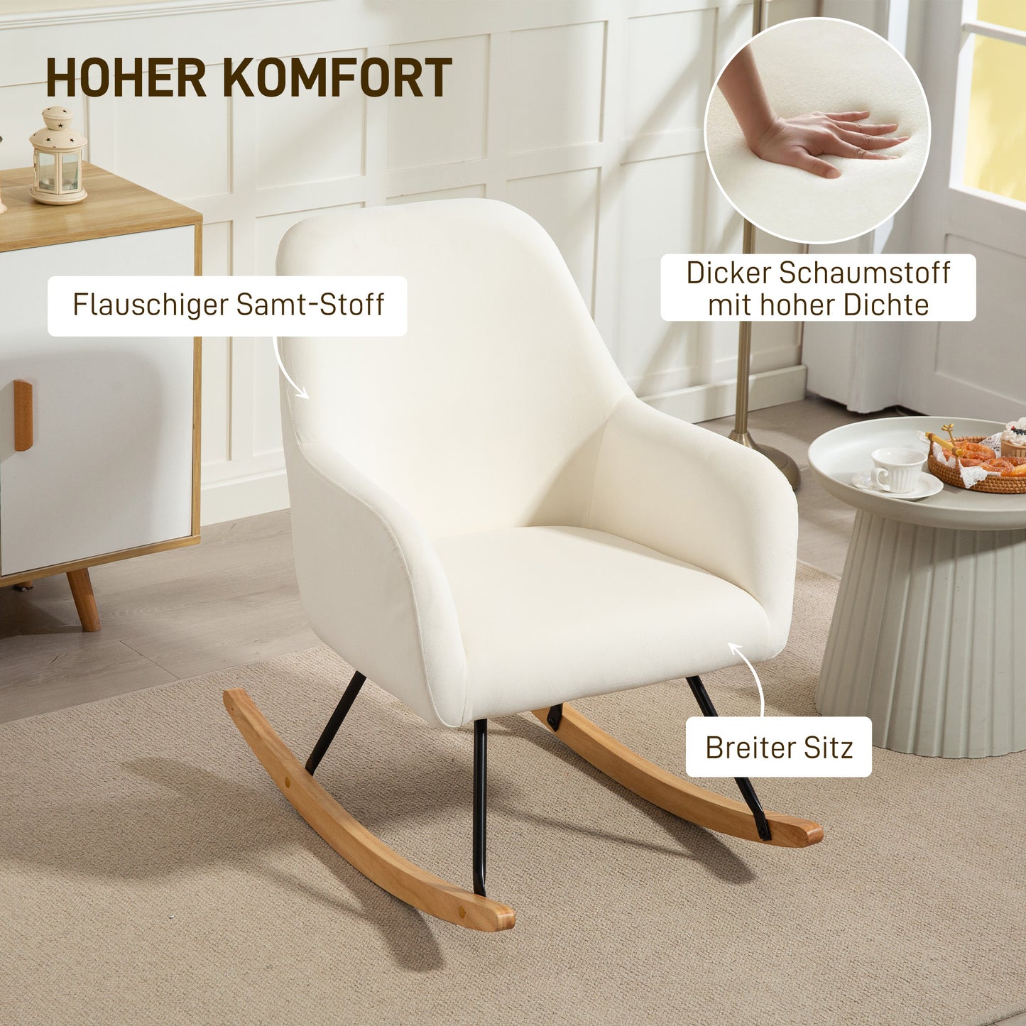 HOMCOM Schaukelstuhl, weicher Bezug in Samtoptik, Polsterung, breite Lehne, Cremeweiß