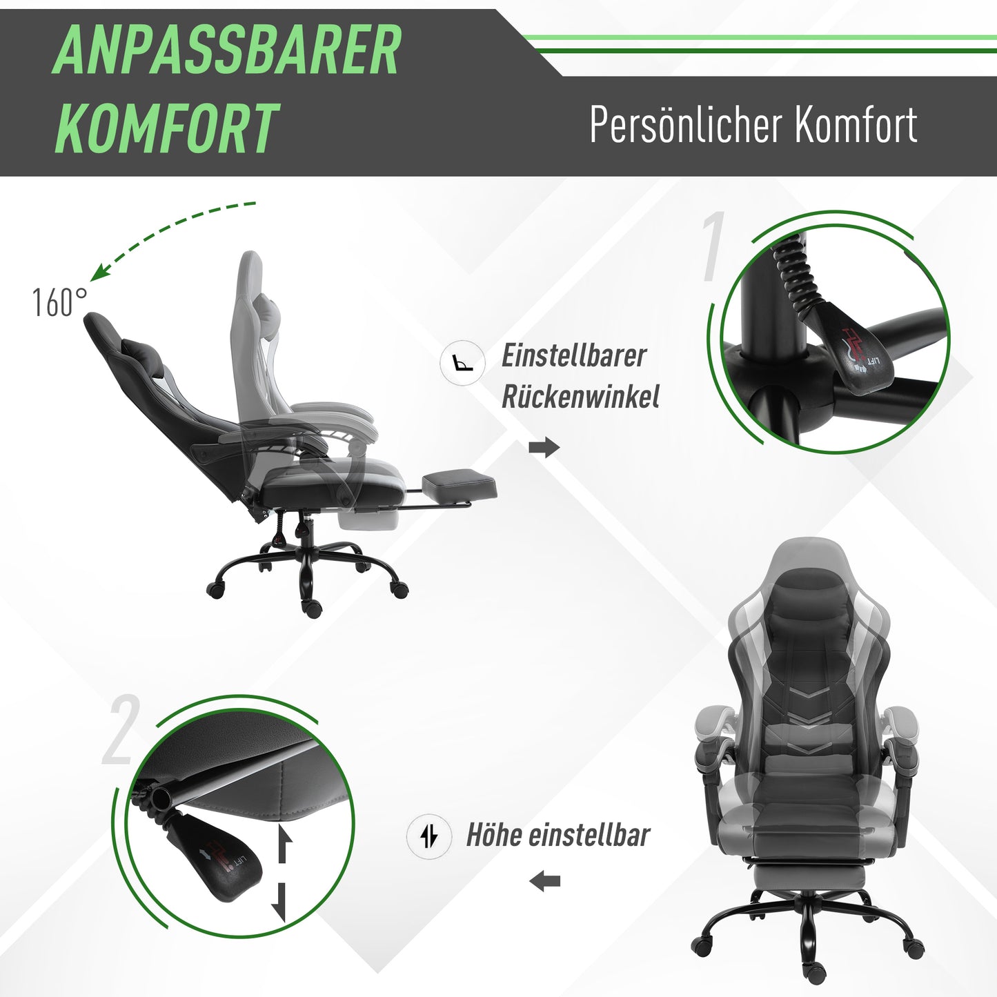 Vinsetto Ergonomischer Gaming Stuhl Bürostuhl Schreibtischstuhl, Drehstuhl Höhenverstellbar, Verstellbares Lendenkissen mit Fußstützen Schwarz 62x52x128 cm