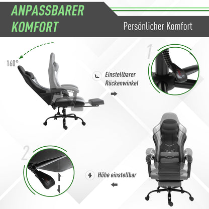 Vinsetto Ergonomischer Gaming Stuhl Bürostuhl Schreibtischstuhl, Drehstuhl Höhenverstellbar, Verstellbares Lendenkissen mit Fußstützen Schwarz 62x52x128 cm