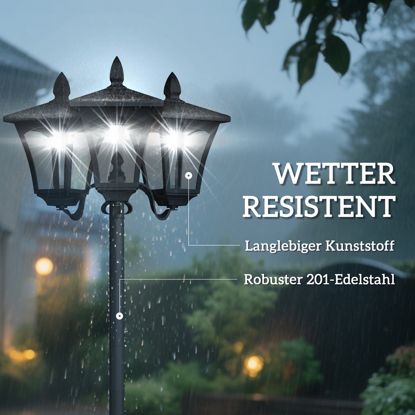 Outsunny Solar Gartenlaterne mit 3 flammig Laterne Mast aus Edelstahl Solarlaterne mit LED 120 Lumen 51,5x47x182,5cm Wegeleuchte IP44 für Garten Balkon Schwarz
