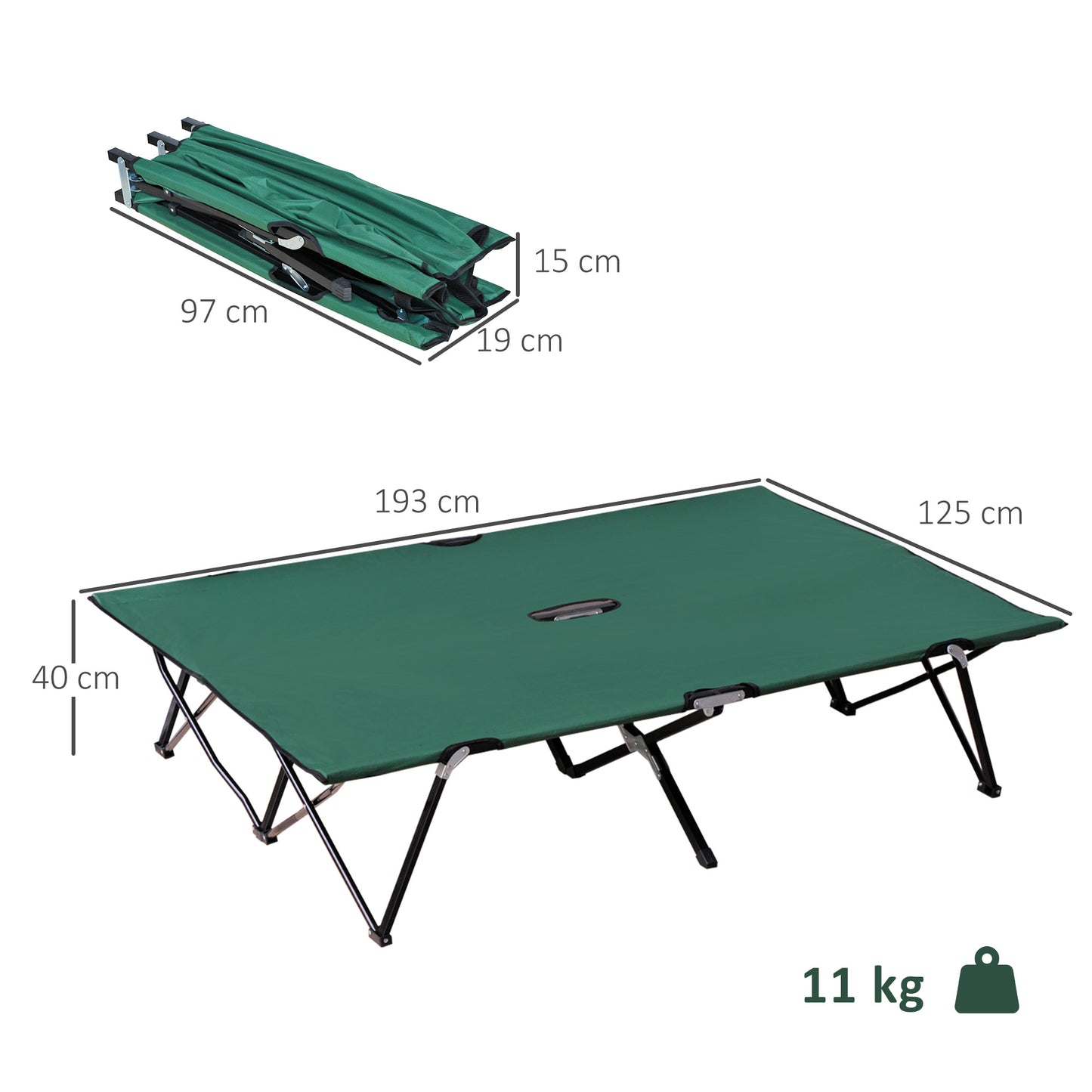 Outsunny Campingbett Klappbar für 2 Personen Feldbett Klappbett mit Tragetasche bis 136 kg belastbar Stahl Oxford Grün+Schwarz 193 x 125 x 40 cm