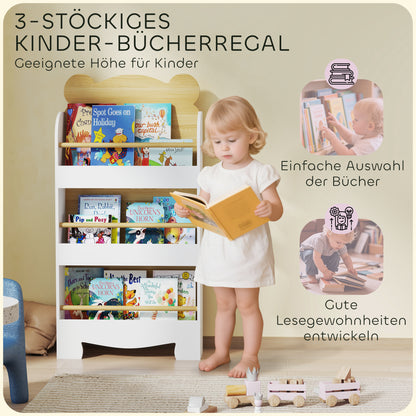 AIYAPLAY Bücherregal für Kinder Kinderregal mit 3 Ablagen Aufbewahrungsregal aus Holz 55x15x110cm Weiß