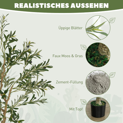 HOMCOM Kunstpflanze، Künstlicher Olivenbaum، 150 سم، 720 Blätter، 40 Oliven، مثبت Blumentopf، Dekorationspflanze، Grün