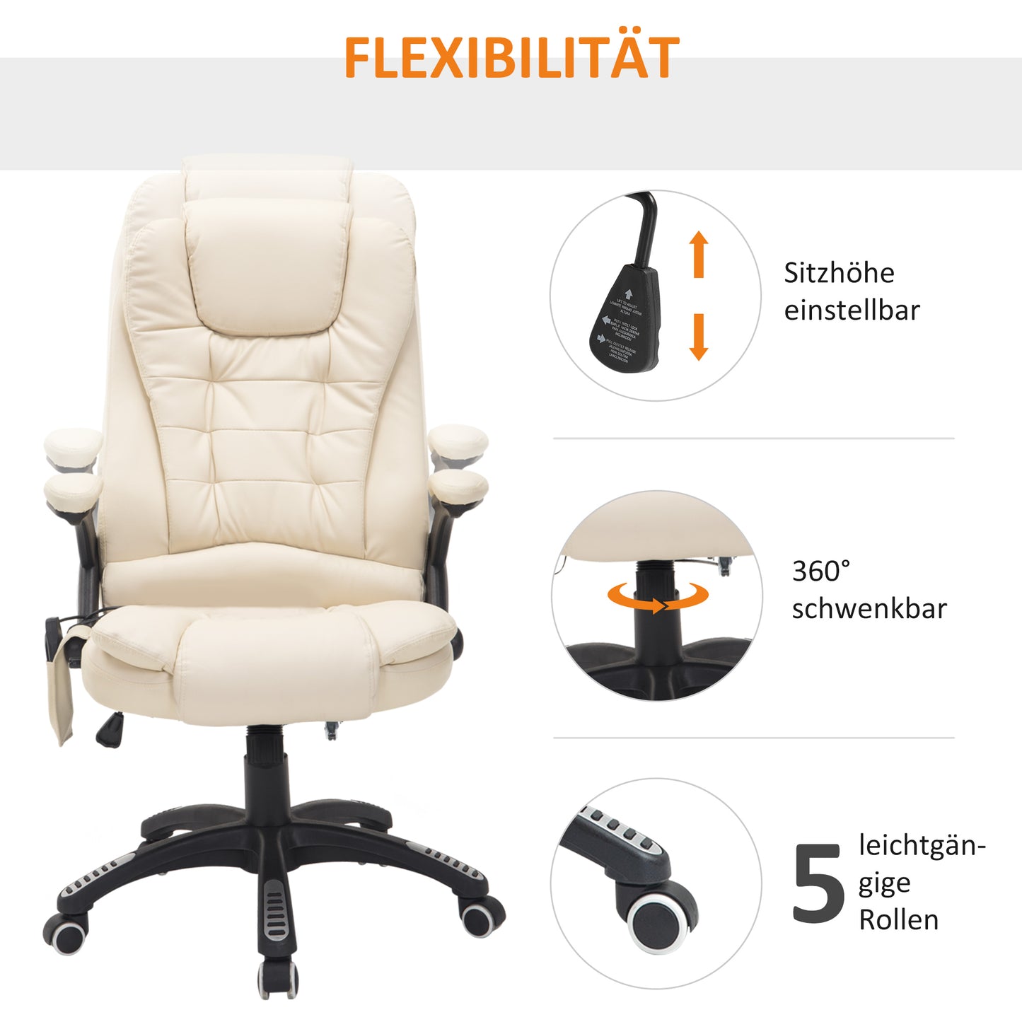 HOMCOM Bürostuhl mit Massagefunktion, Wärmefunktion, höhenverstellbar, Kippfunktion, Massage-Bürostuhl, Cremeweiß + Schwarz