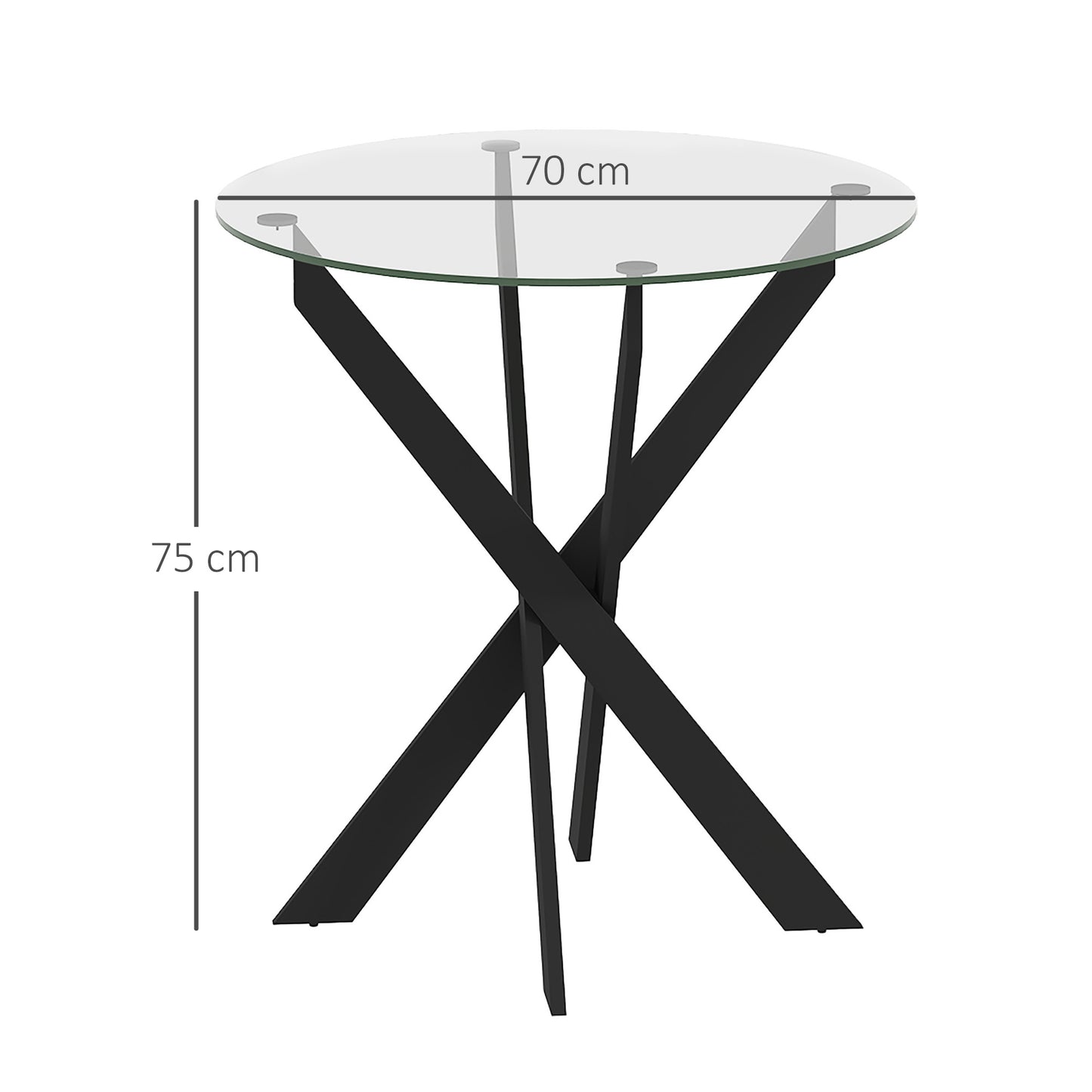 HOMCOM Moderner Glas-Esstisch, 70 cm Durchmesser, Küchentisch mit gehärteter Glasplatte und Metallbeinen, für 4 Personen