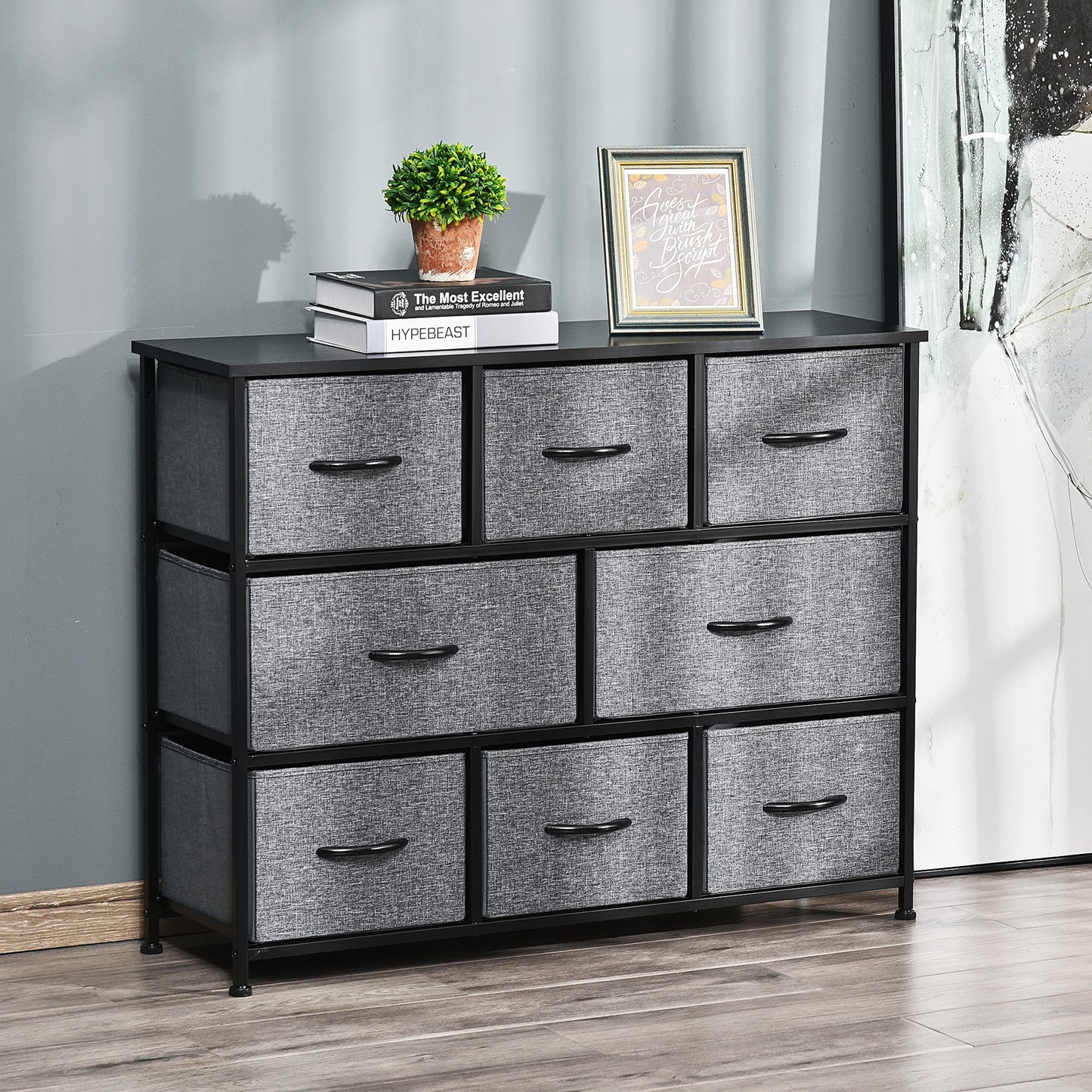 HOMCOM Kommode mit 8 Stoffschubladen, 2 große, 6 kleine, Metallrahmen, Kippschutz, Grau