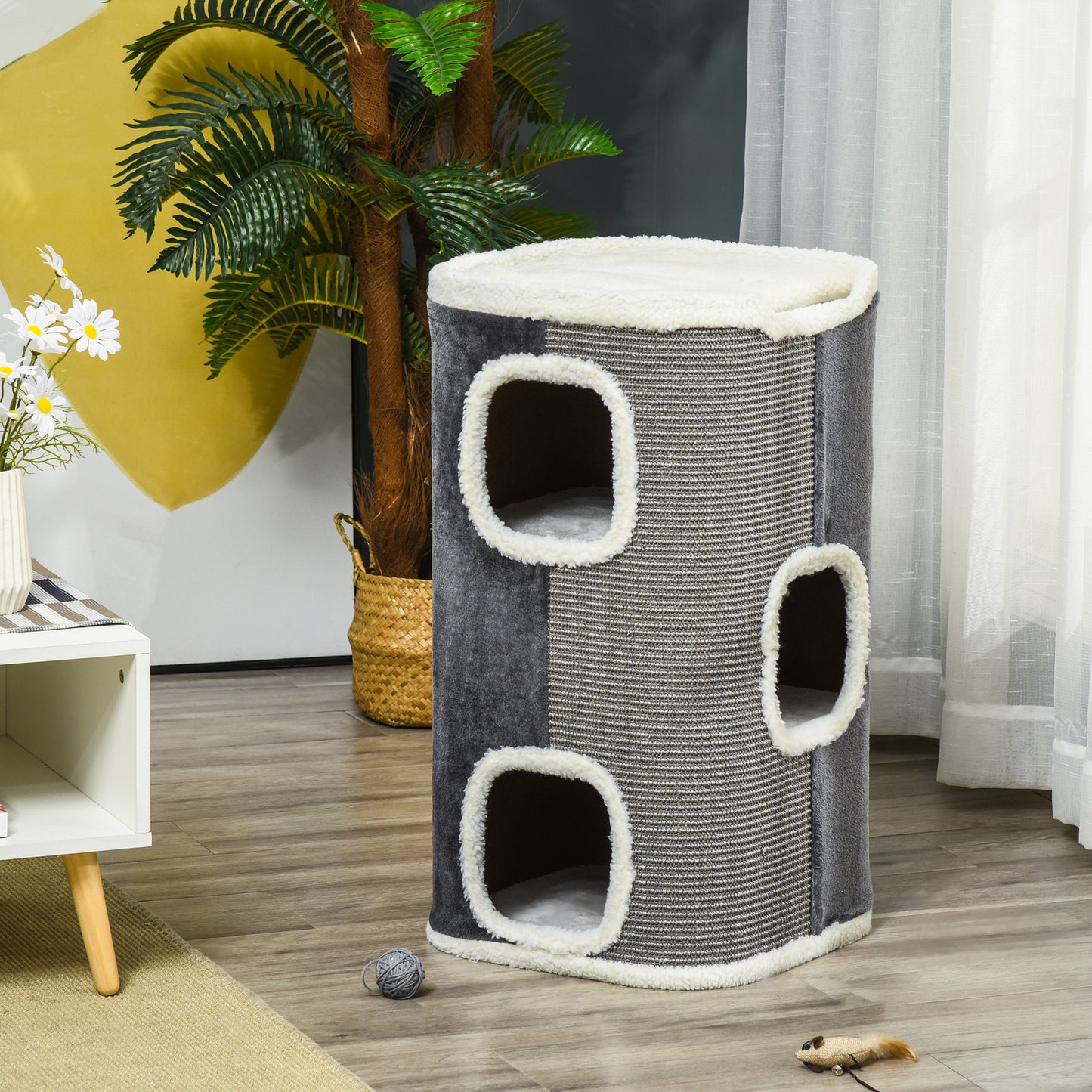 PawHut Kratztonne für Katzen Katzenkratzbaum 3 Ebenen Katzenbaum Kletterbaum für Katzen Katzenmöbel Spanplatte samtartiges Polyester Sisal Grau+Weiß 40 x 40 x 74 cm