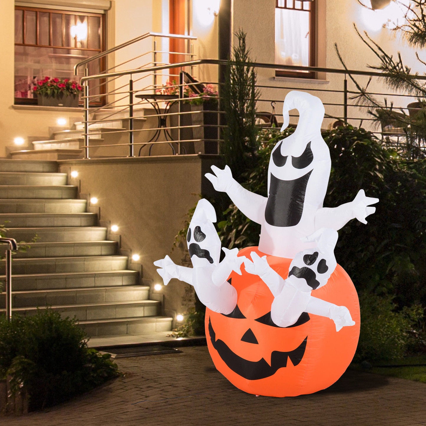 HOMCOM Aufblasbarer Kürbis Geist Gespenst Halloween Deko Figur Luftfigur mit LED Beleuchtung, Polyester, 120x120x180cm