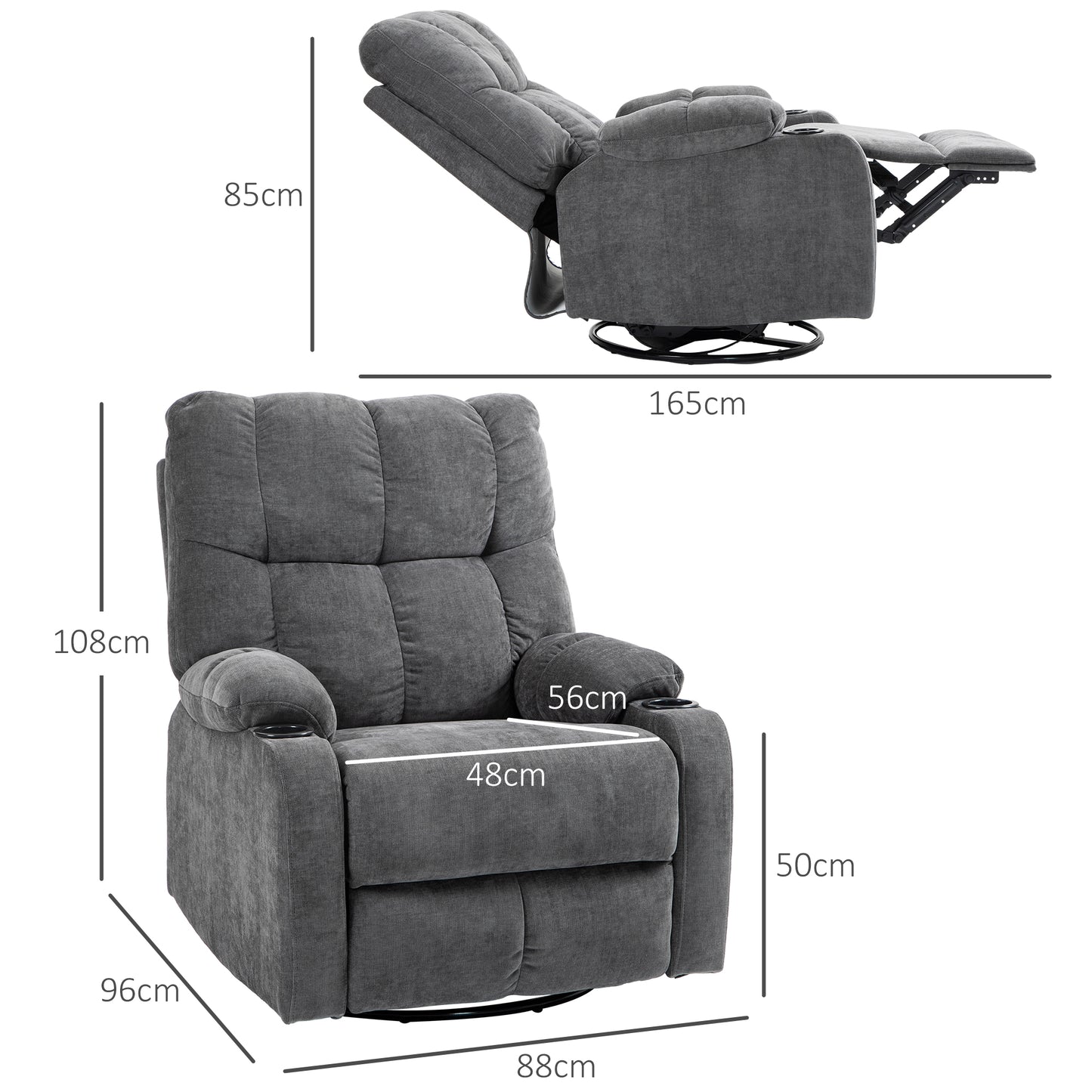 HOMCOM Relaxsessel mit Fußstütze, Liegesessel, drehbar, bis 150 kg, Stahlrahmen, 88x96x108cm, Dunkelgrau
