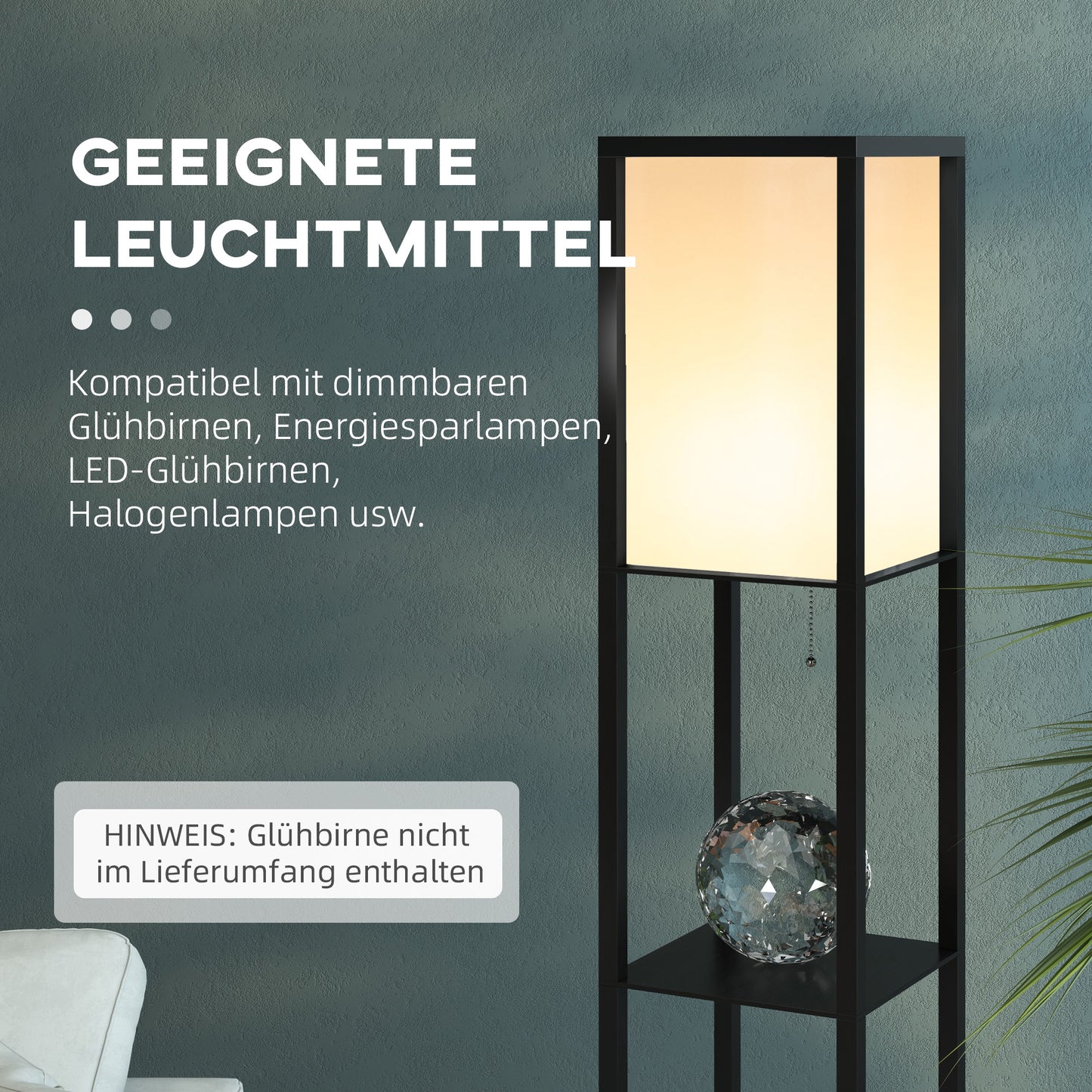 HOMCOM Stehlampe mit Regalen, Stehleuchte, Holz, 26 x 26 x 160 cm, für Wohn-/Schlafzimmer (Ohne Glühbirne)