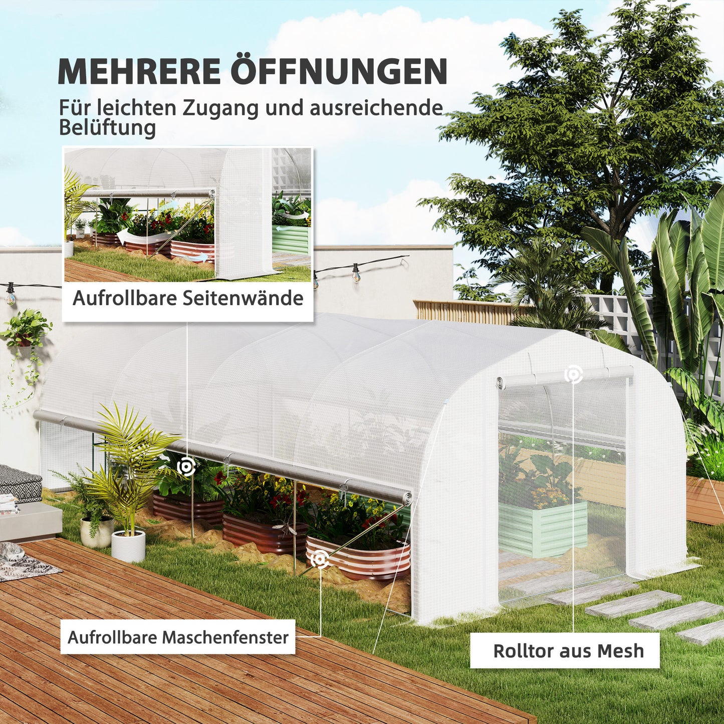 Outsunny 6x3x2 m Gewächshaus, begehbar, 8 Fenster, Tür, Fliegennetze, Metallgestell, Weiß