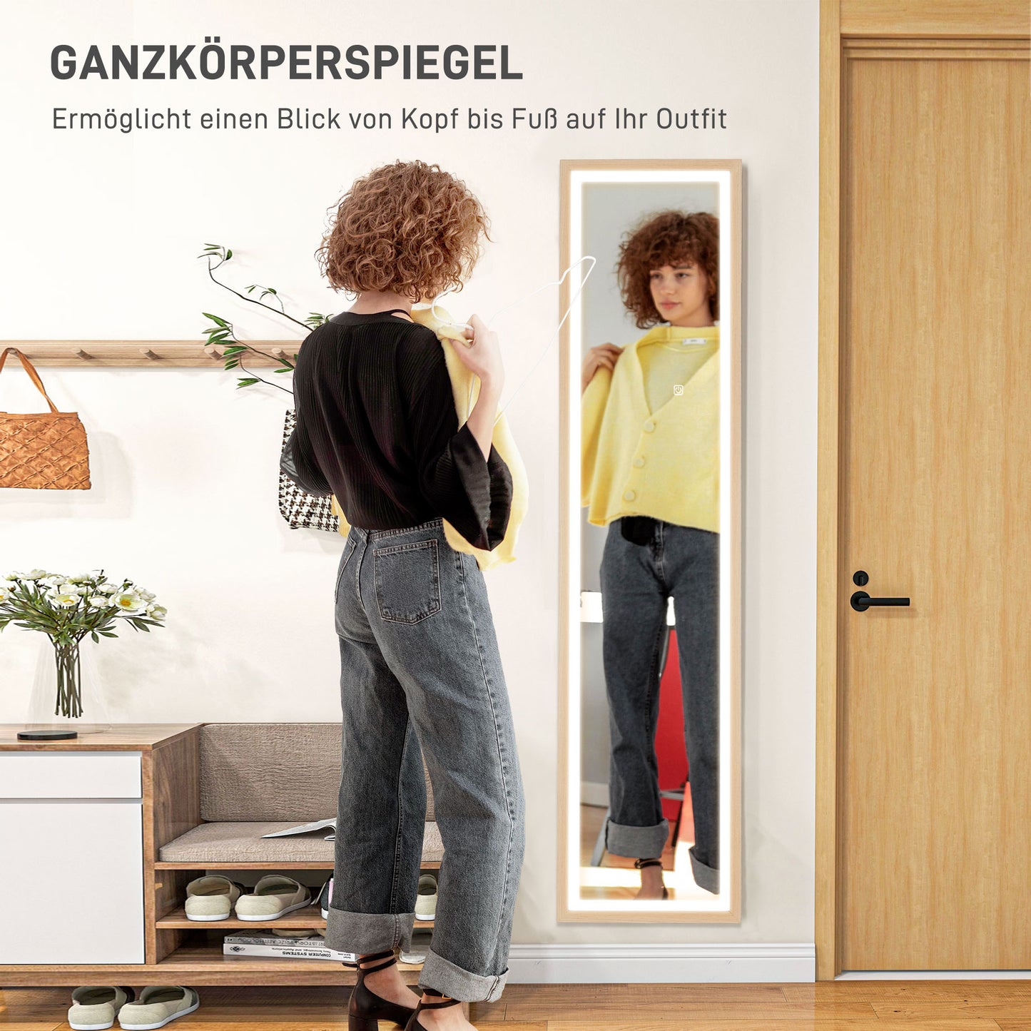 HOMCOM LED Ganzkörperspiegel, 40 x 160 cm, Touch-Steuerung, dimmbar, 3 Farben, Eiche