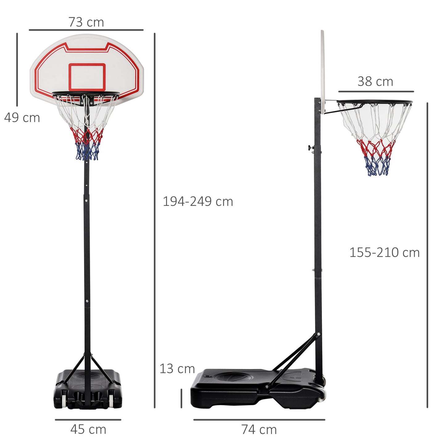 HOMCOM Basketballkorb Outdoor mit Rollen 155-210 cm Höhenverstellbar, Transportable Basketballständer mit Rollen, Tragbar Basketballkorb PE+Stahl
