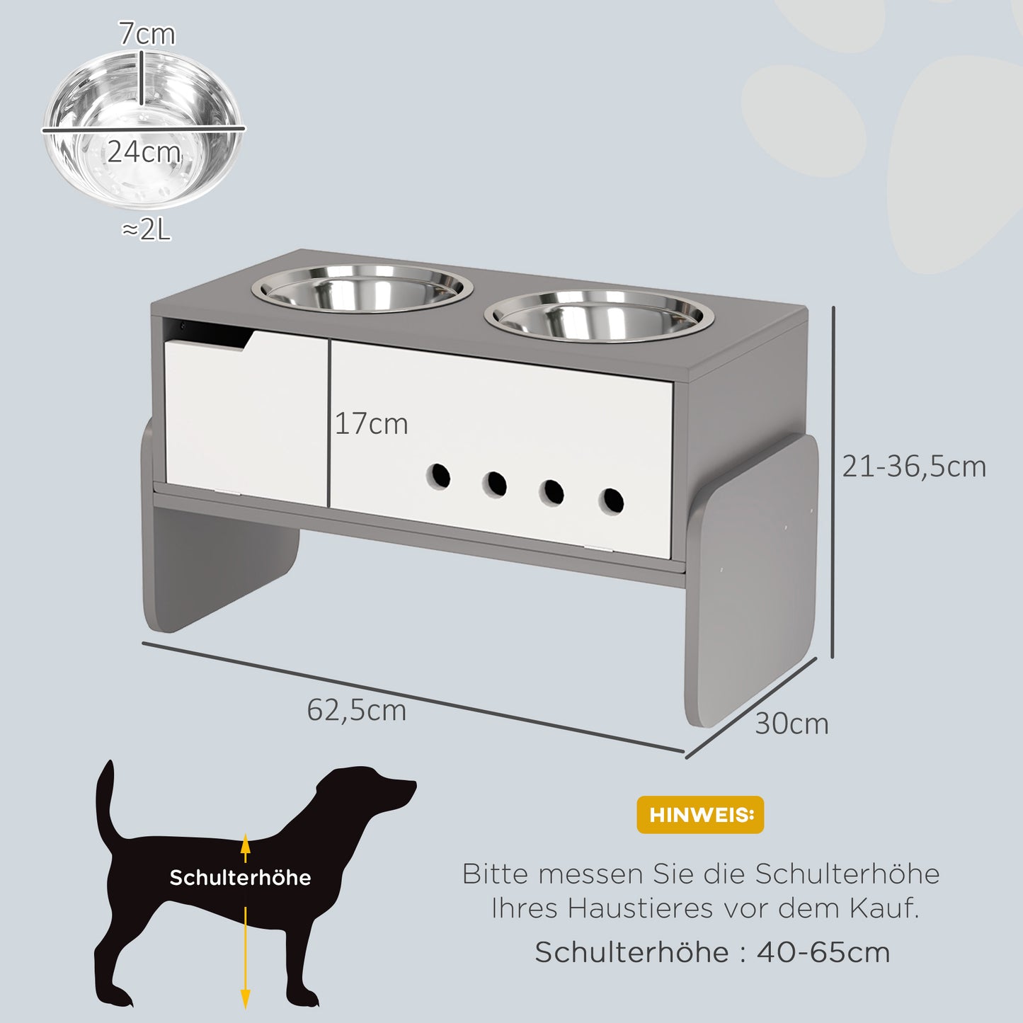 PawHut Erhöhte Fütterungsstation für Hunde, mit Stauraum und Anti-Schling-Matte, 2 x 2000 ml Edelstahlnapf, Grau