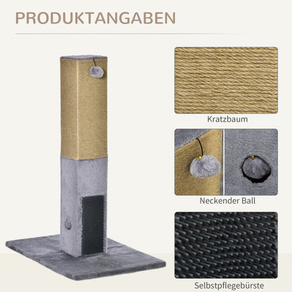 PawHut Kratzbaum für Katzen, Kratzsäule, 79 cm Katzenbaum mit Juteseil, inklusive Spielzeug, Plüsch, Grau