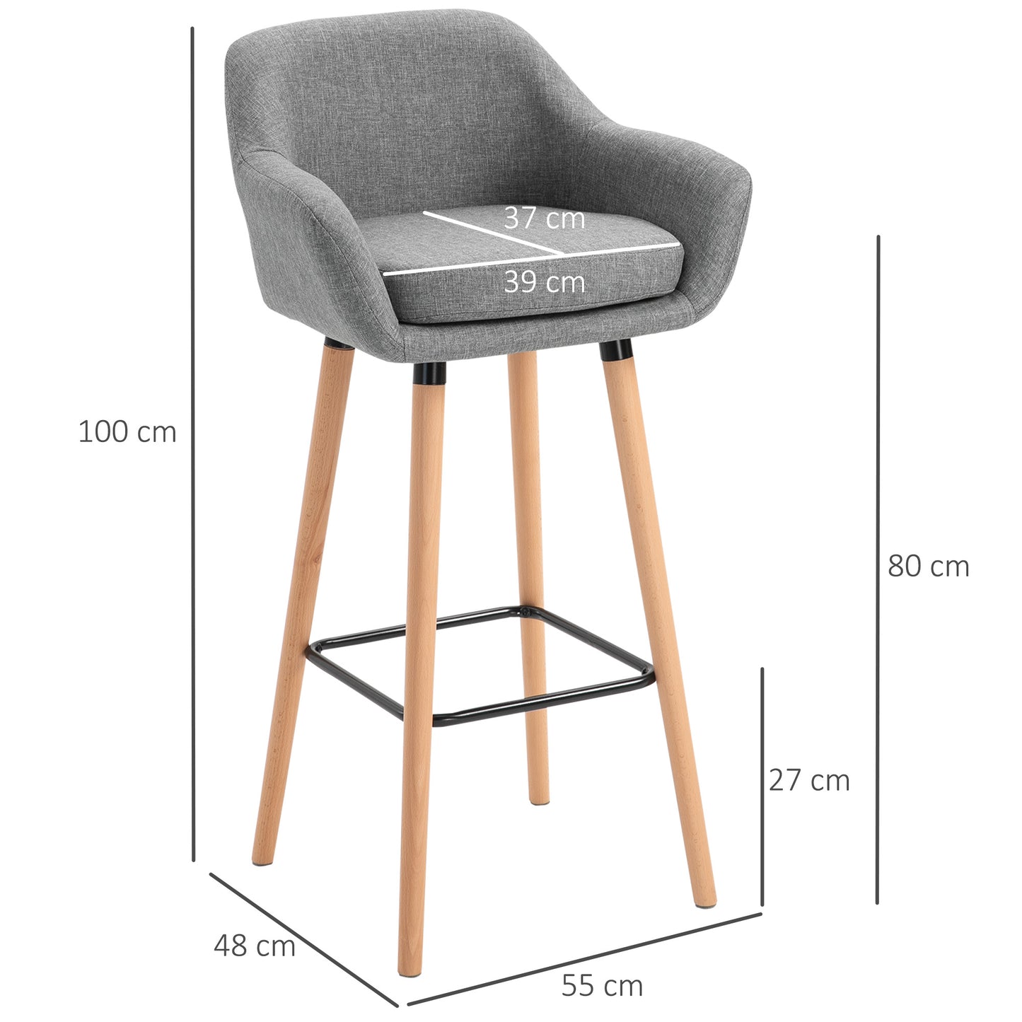 HOMCOM 2er-Set Barhocker, inkl. Fußstütze, Massivholz, 55 cm x 48c m x 100 cm, Grau