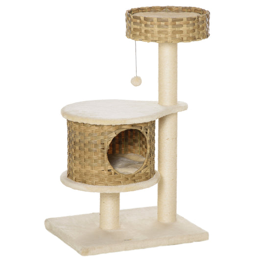 PawHut Kratzbaum Rattan 95 cm Höhe 3-Stufiger Katzenbaum mit Platform, Katzenbett, Kletterbaum mit Katzenhöhle Sisalstämmen Spielbälle Katzenmöbel Sisal Natur+Beige