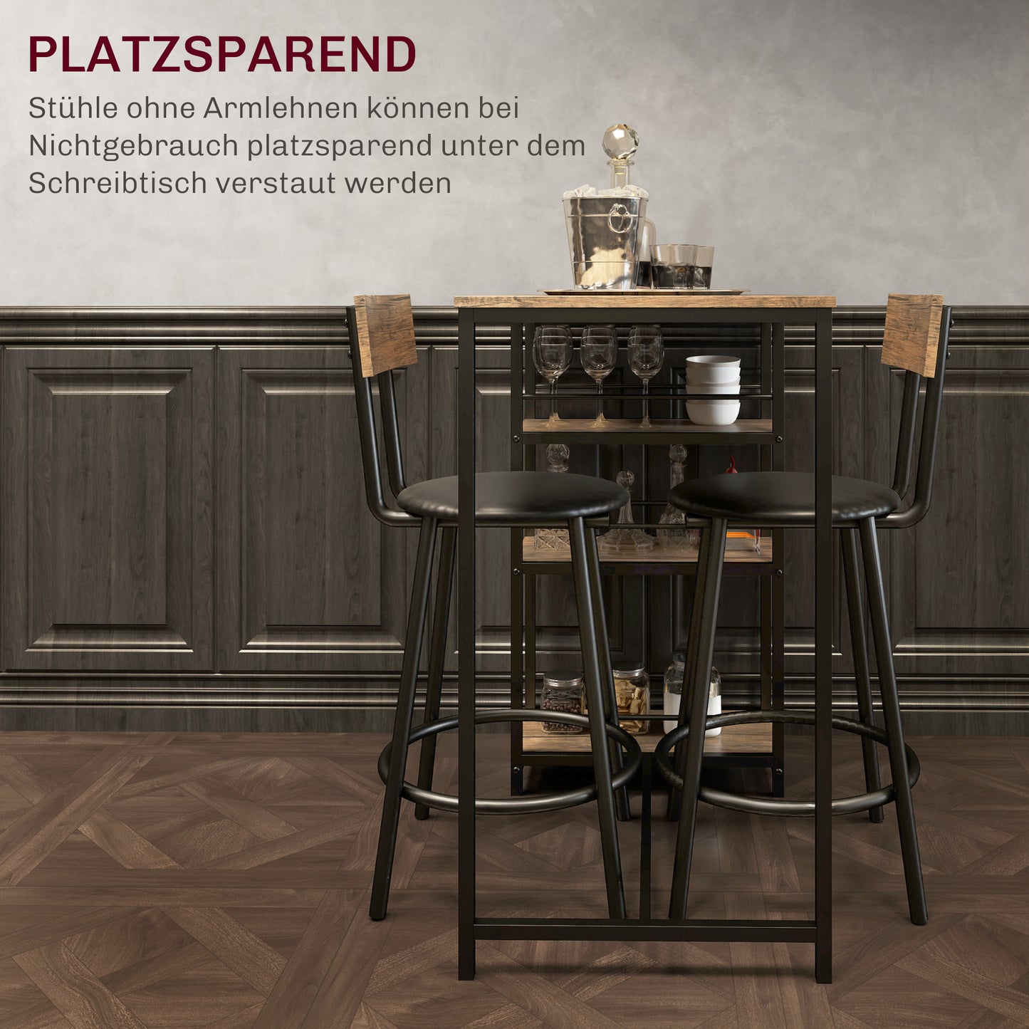 HOMCOM 3-teiliges Ess-Set mit Bartisch und 2 Stühlen, Kleines Küchenset mit seitlichen Regalen, MDF, Metall, Schwarz