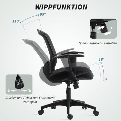 HOMCOM Netz-Bürostuhl, verstellbarer Schreibtischstuhl mit Netzstoff-Rückenlehne, rollbar, mit Kippfunktion, Schwarz