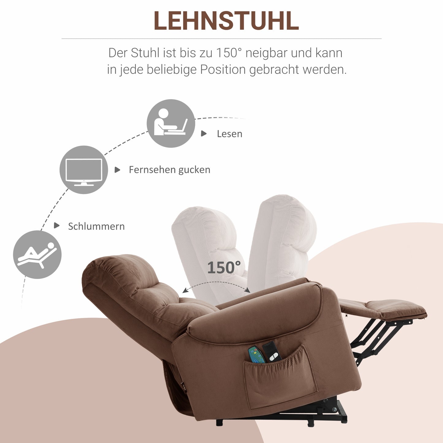 HOMCOM Fernsehsessel mit Aufstehhilfe Elektrisch, Massagesessel mit Liegefunktion und Wärmefunktion, Relaxsessel mit Fernbedienung und Seitentasche Verstellbar Polyester-Gewebe Braun