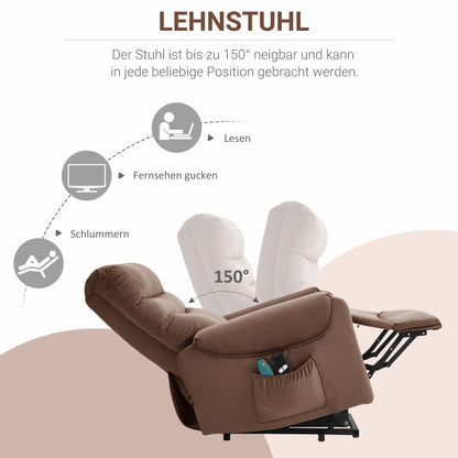 HOMCOM Fernsehsessel mit Aufstehhilfe Elektrisch, Massagesessel mit Liegefunktion und Wärmefunktion, Relaxsessel mit Fernbedienung und Seitentasche Verstellbar Polyester-Gewebe Braun