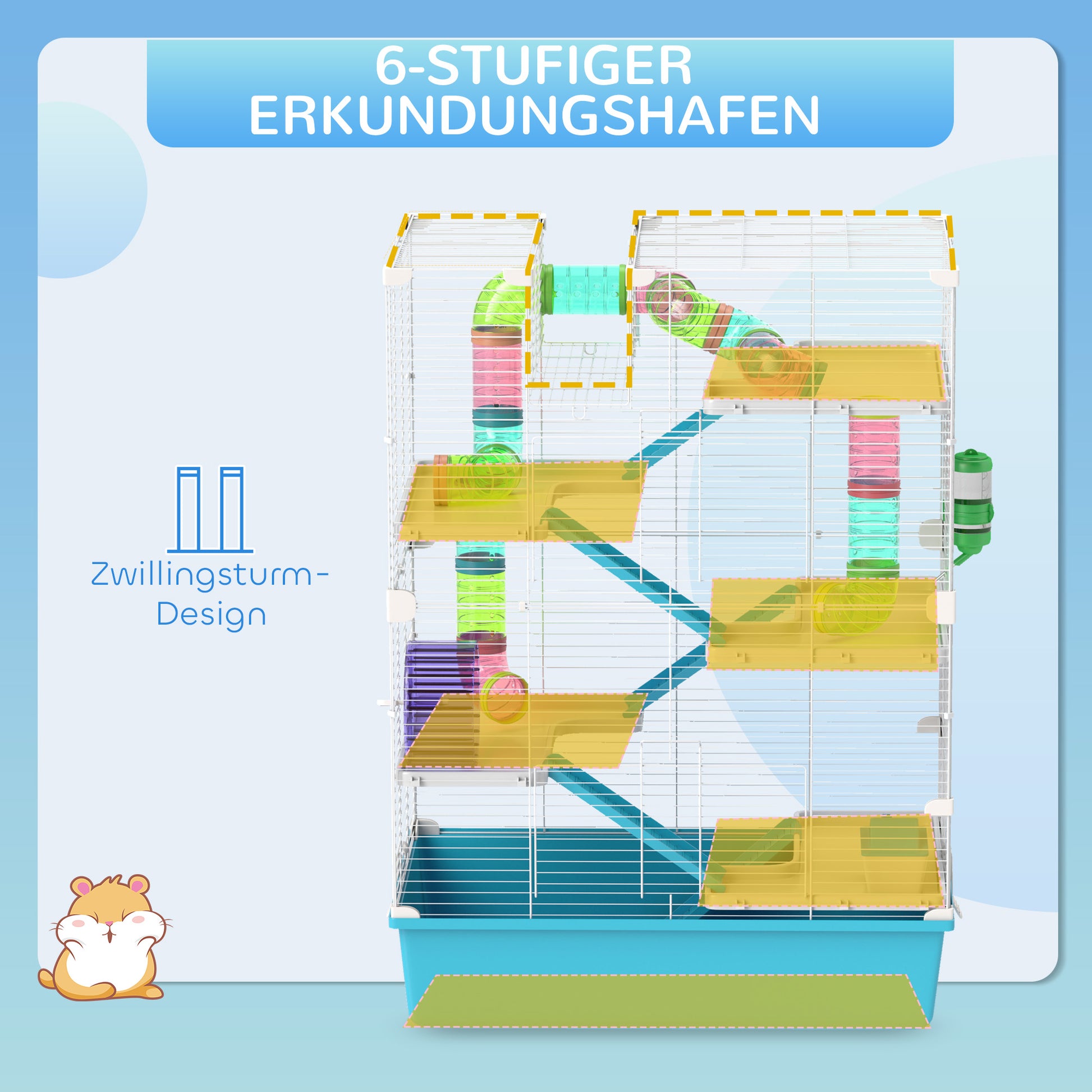 PawHut 6-stöckiger Hamsterkäfig mit Röhren, Tunnels, Hütte, Laufrad, Futterschale, Wasserflasche, Rampen, Hellblau