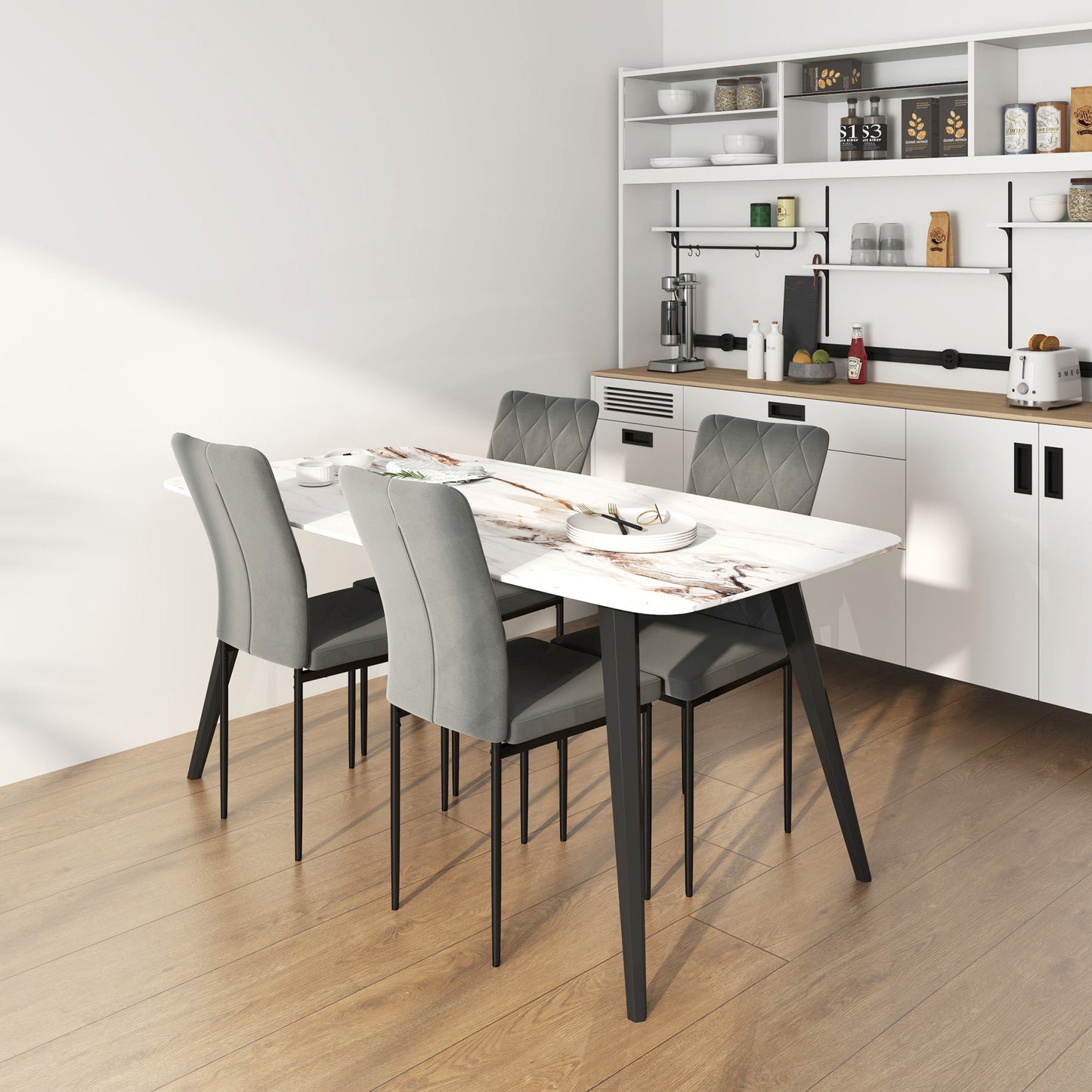 HOMCOM 4er-Set Esszimmerstühle in Samtoptik, Moderne Polsterstühle mit Metallbeinen, für Esszimmer, Schlafzimmer, Küche, Grau