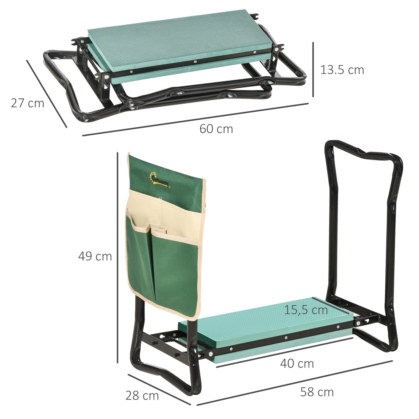 Outsunny Kniebank, Klappbarer Gartenhocker, 2-in-1, Kniehilfe, mit Werkzeugtasche, EVA-Schaumstoff, 58 x 28 x 49 cm