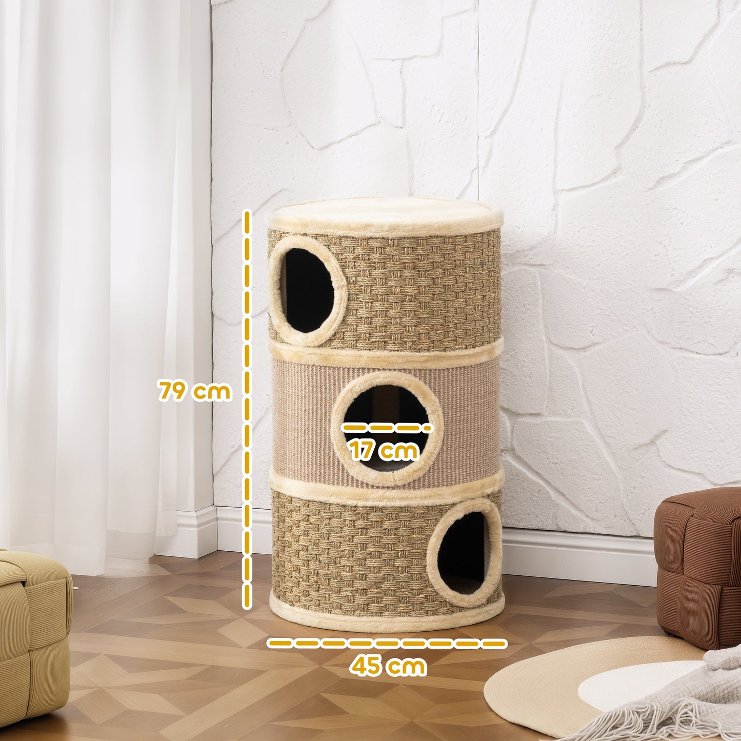 PawHut Kratztonne, 79 cm hoch, Ø45 cm, dreistöckige Katzentonne mit Sisalseil, Katzenhöhle, für große Katzen, Khaki+Braun