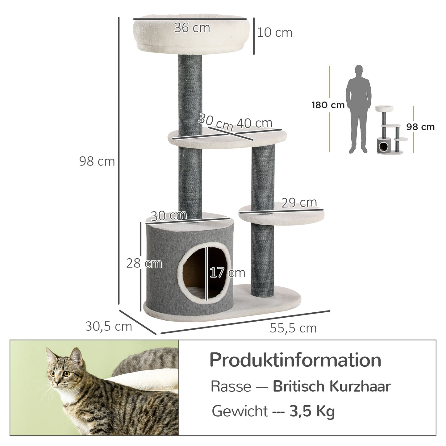 PawHut Kratzbaum mit 1 Katzenhöhle, 1 Katzenbett, 2 Plattformen, Jute-Seilspfosten, Weiß + Grau