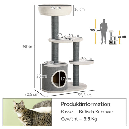 PawHut Kratzbaum mit 1 Katzenhöhle, 1 Katzenbett, 2 Plattformen, Jute-Seilspfosten, Weiß + Grau