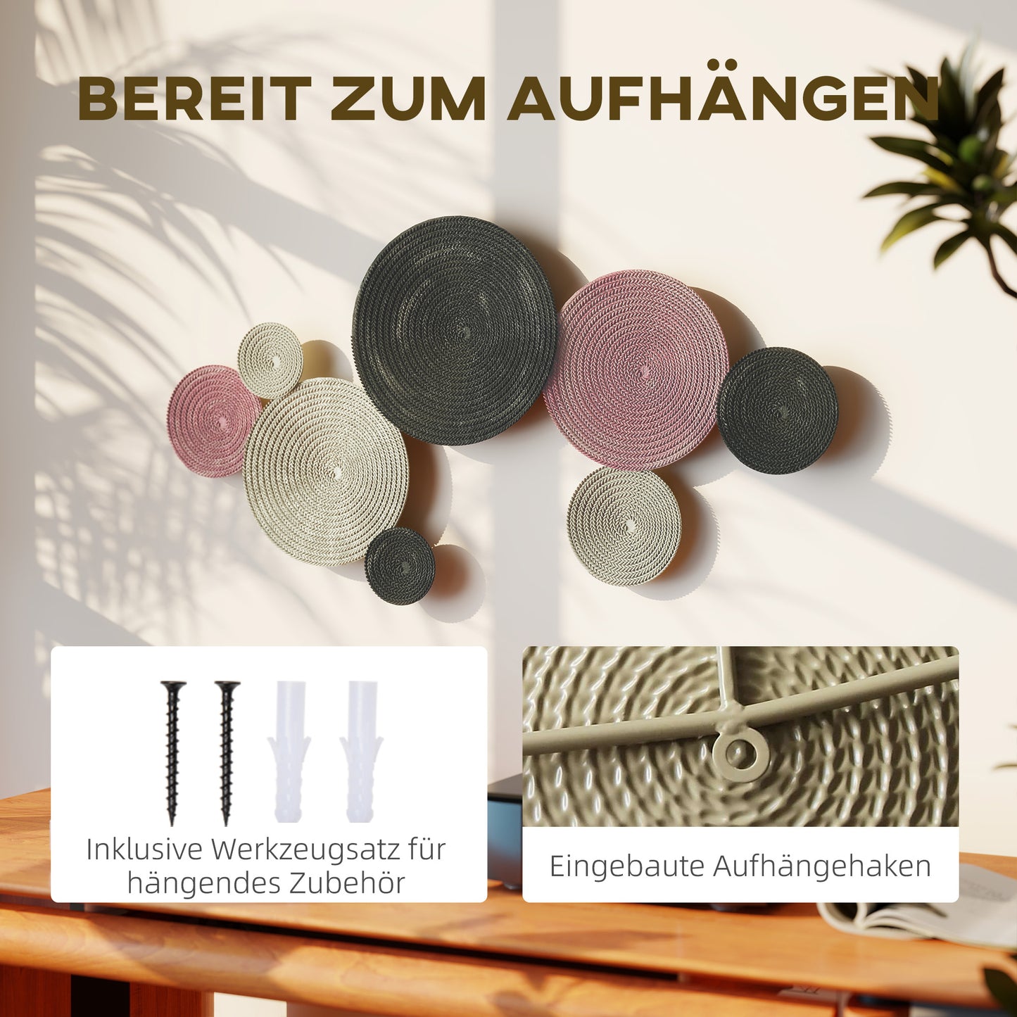 HOMCOM Wanddekor-Set im Disk-Design, 8 Metallscheiben, vielseitig einsetzbar, Mehrfarbig