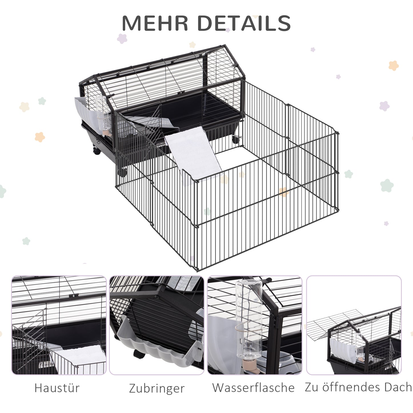 Pawhut Kleintierkäfig mit Freigehege inkl. Zubehör 88 cm x 128,5 cm x 56 cm 4 Rollen Schwarz Metall Polypropylen