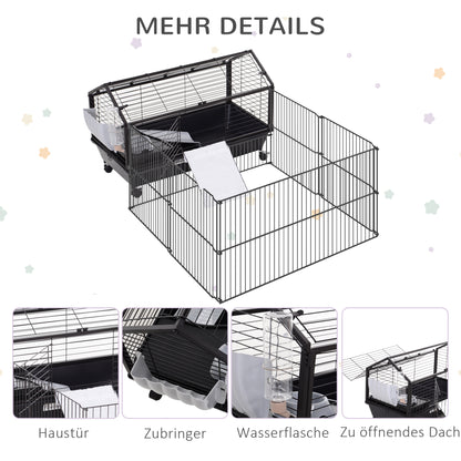 Pawhut Kleintierkäfig mit Freigehege inkl. Zubehör 88 cm x 128,5 cm x 56 cm 4 Rollen Schwarz Metall Polypropylen