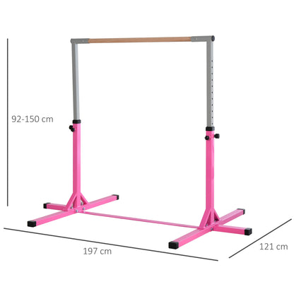 HOMCOM Gymnastik-Turnreck, 13-stufig höhenverstellbar Reckstange, Reck Turnstange aus Holz & stabile Stahlkonstruktion bis 75 kg belastbar, für 3+ Kinder, Indoor, Outdoor, Rosa