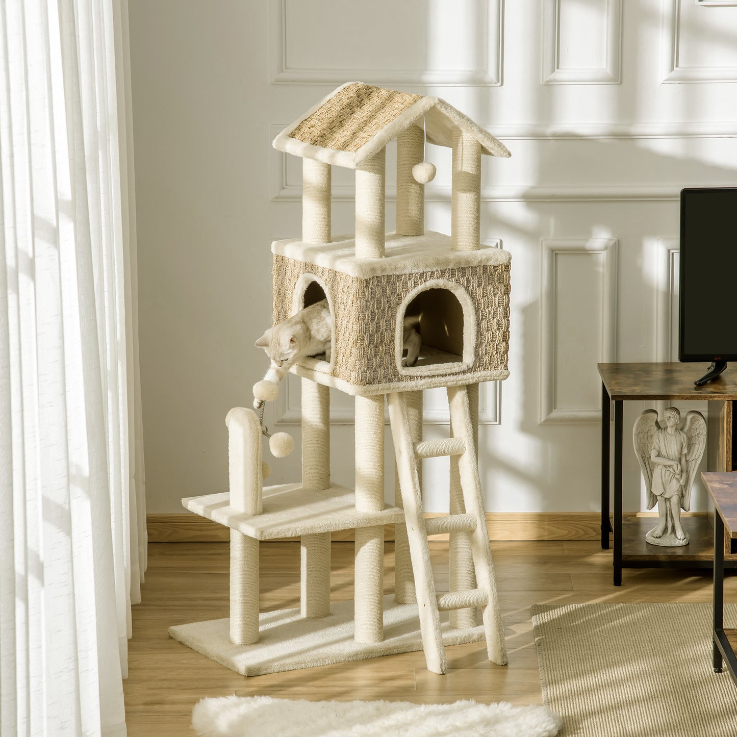 PawHut mit Katzenhöhle inkl. Spielzeug Sisal Plüsch Khaki + Beige + Kaffee