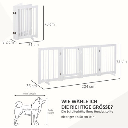 PawHut Absperrgitter Hund 4-teilig, 204 x 75 cm Faltbar Türschutzgitter mit Tür, Freistehend Hundegitter mit 2 Stützfüßen, Treppengitter aus Holz für Flur, Küche, Treppe, Weiß