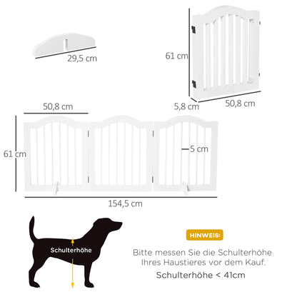 PawHut Absperrgitter Hund 3-teilig, 154,5 x 61 cm Faltbar Hundegitter mit Tür, Türschutzgitter mit 2 Stützfüßen, Freistehend Treppengitter für Küche, Flur, Weiß