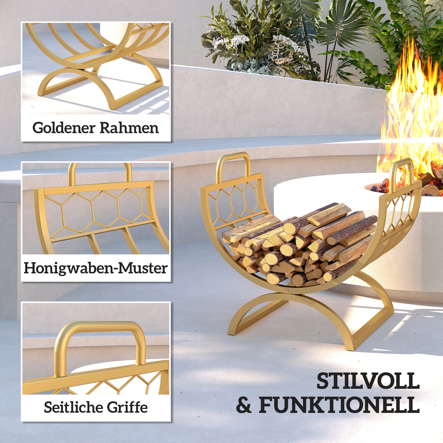 Outsunny Kaminholzregal für innen 46 x 36 x 41cm Brennholzregal für Kamin Ofen Metall Gold