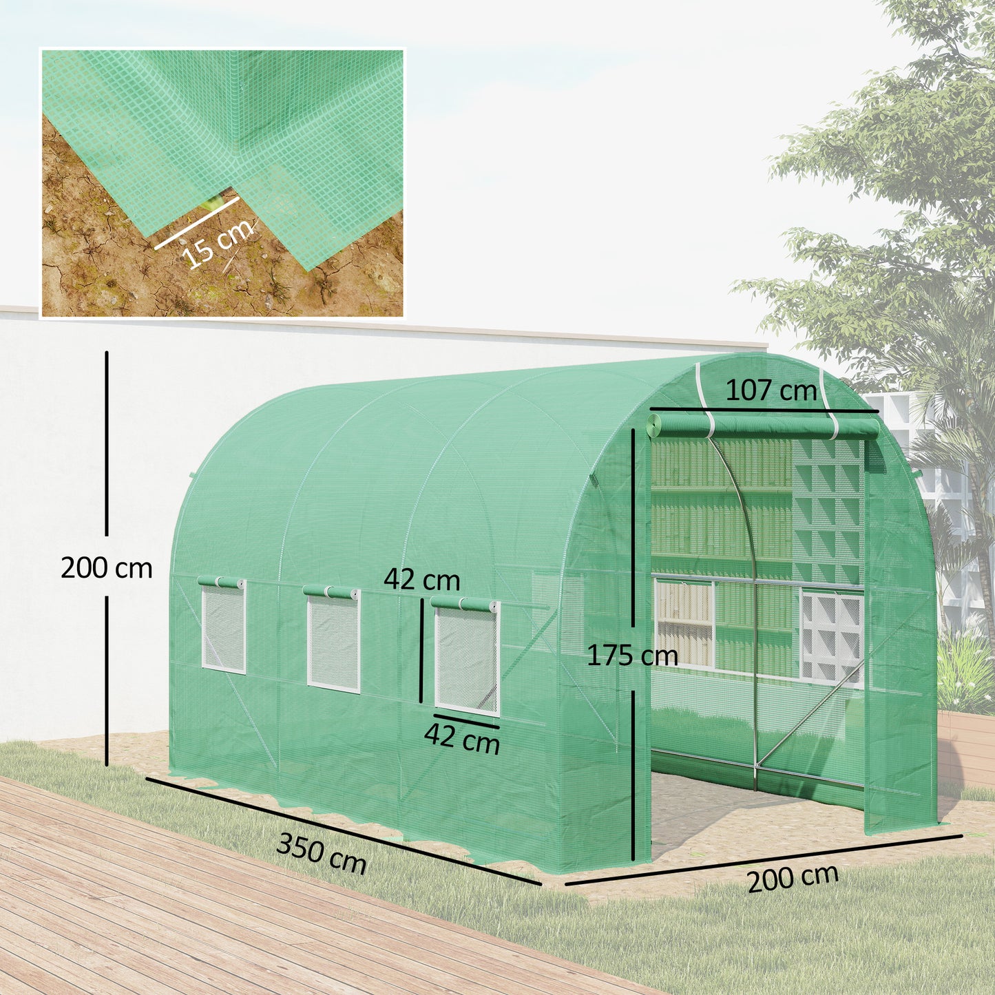Outsunny Gewächshaus 350x200x200cm Foliengewächshaus Tomatenhaus mit Tür, 6 Fenster, Folientunnel aus verzinktem Stahl, PE, stabiles Treibhaus Pflanztunnel, inkl. Erdanker & Seilen, Grün