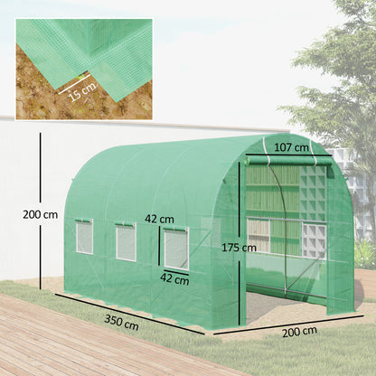 Outsunny Gewächshaus 350x200x200cm Foliengewächshaus Tomatenhaus mit Tür, 6 Fenster, Folientunnel aus verzinktem Stahl, PE, stabiles Treibhaus Pflanztunnel, inkl. Erdanker & Seilen, Grün