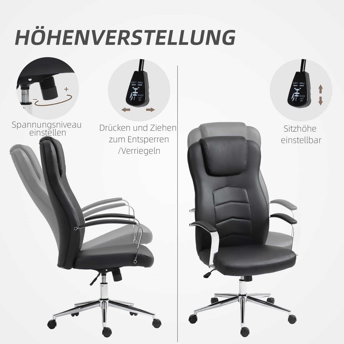 HOMCOM Bürostuhl in Lederoptik, höhenverstellbar, gepolsterte Rückenlehne, Schwarz