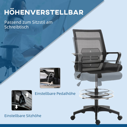 Vinsetto Bürostuhl, Höhenverstellbarer Schreibtischstuhl mit Fußablage, Netz-Rückenlehne, rollbar, Kunststoff, Schwarz