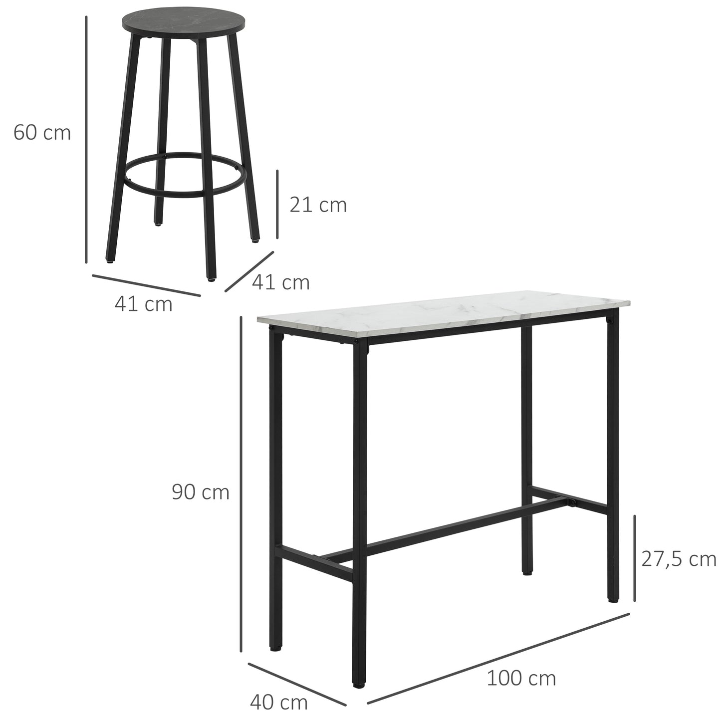 HOMCOM Bar-Set für 2 Personen, 1 Tisch mit 2 Barhockern, Tischplatte in weißer Marmoroptik, Stahlrahmen