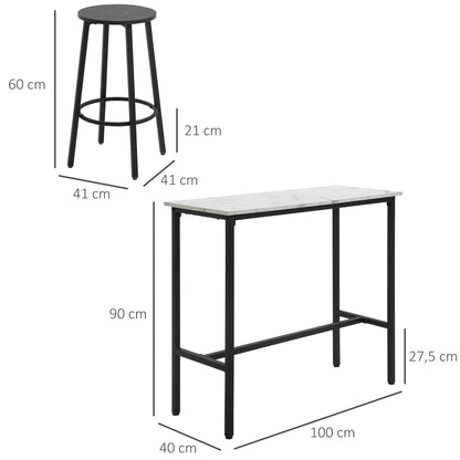 HOMCOM Bar-Set für 2 Personen, 1 Tisch mit 2 Barhockern, Tischplatte in weißer Marmoroptik, Stahlrahmen