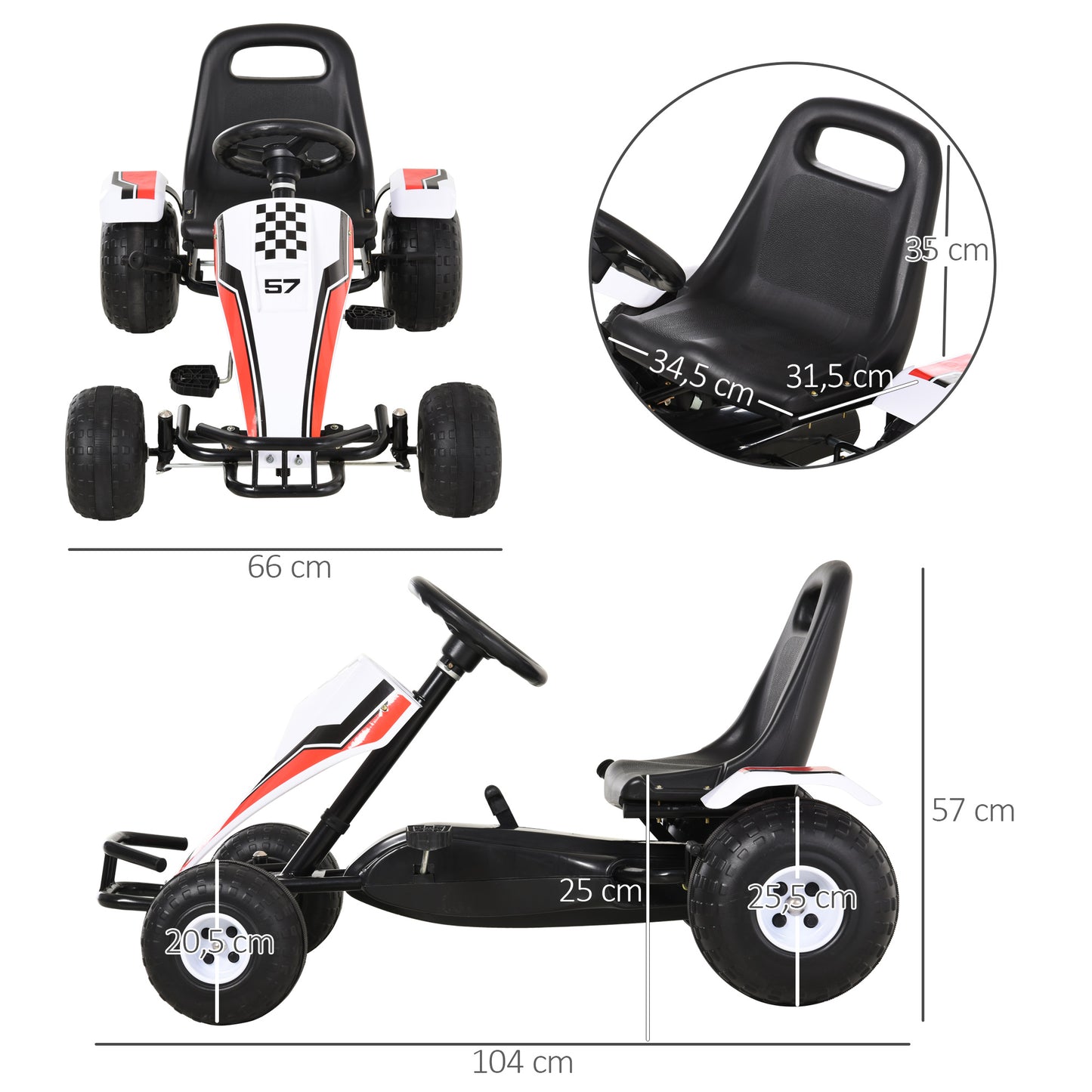 HOMCOM Go Kart Kinderfahrzeug Tretauto mit Pedal Bremsen Kinderspielzeug für 3-6 Jahre Stahl Weiß 104 x 66 x 57 cm