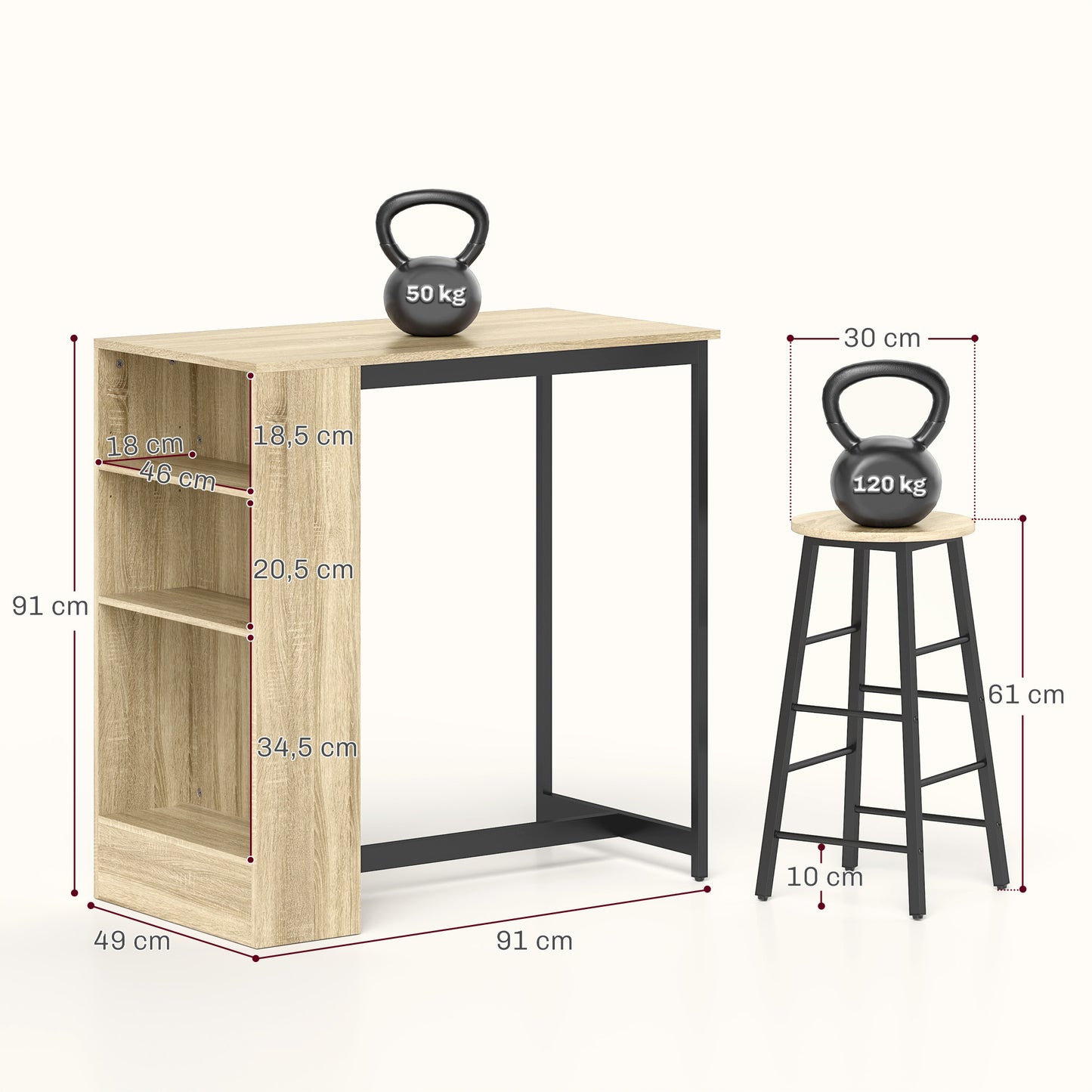 HOMCOM 3-teiliges Bartisch-Set, 1 Tresen, 2 Stühle, mit Stauraum und Fußstützen, platzsparend, Hellbraun+Schwarz