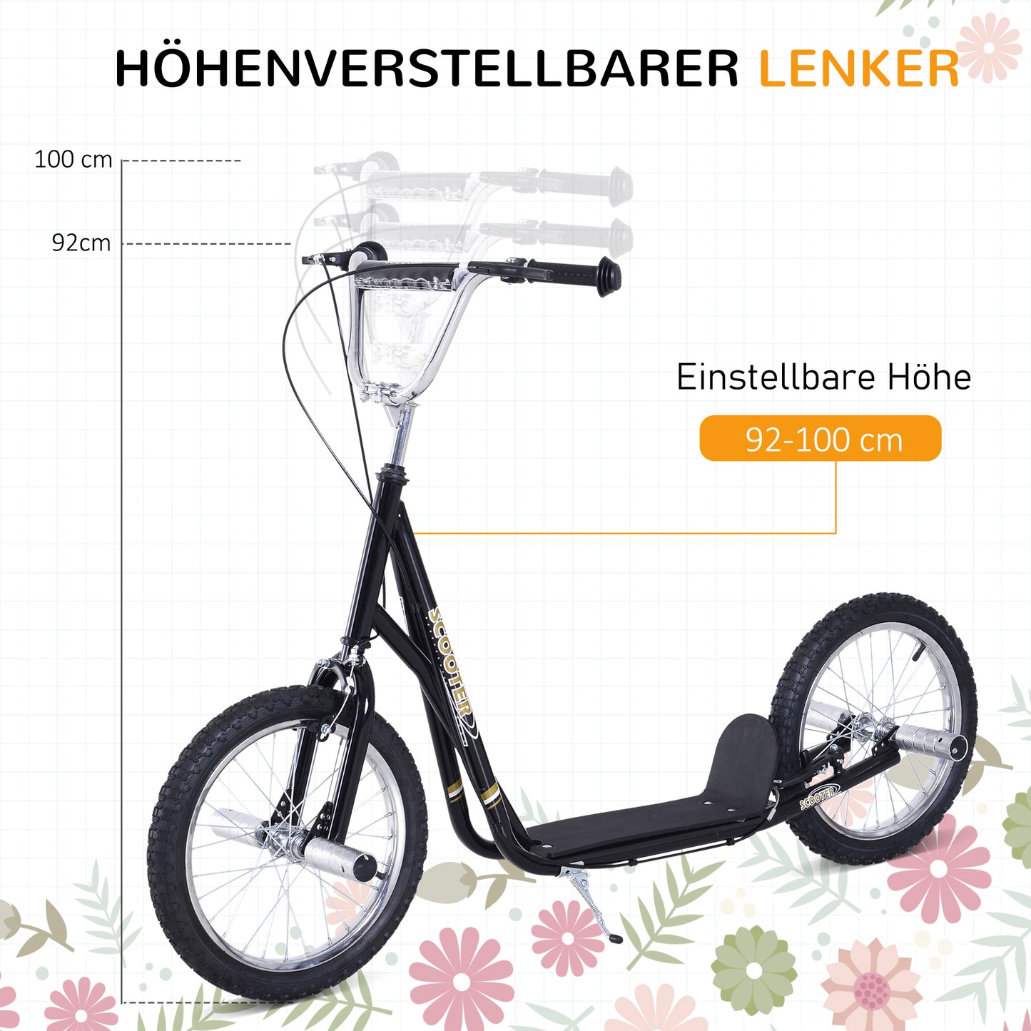 HOMCOM Kinderroller mit Luftreifen Kickscooter Scooter Tretroller Cityroller für Kinder Kickboard 16 Zoll ab 5 Jahre Höhenverstellbar Schwarz 143 x 58 x 92-100 cm
