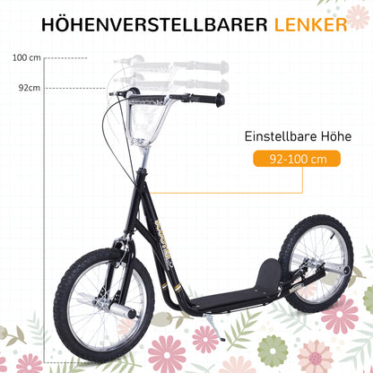 HOMCOM Kinderroller mit Luftreifen Kickscooter Scooter Tretroller Cityroller für Kinder Kickboard 16 Zoll ab 5 Jahre Höhenverstellbar Schwarz 143 x 58 x 92-100 cm