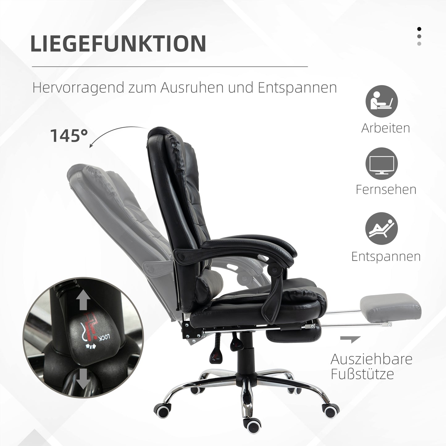 HOMCOM Bürostuhl mit Fußstütze, Schreibtischstuhl, verstellbare Rückenlehne, höhenverstellbar, Schwarz